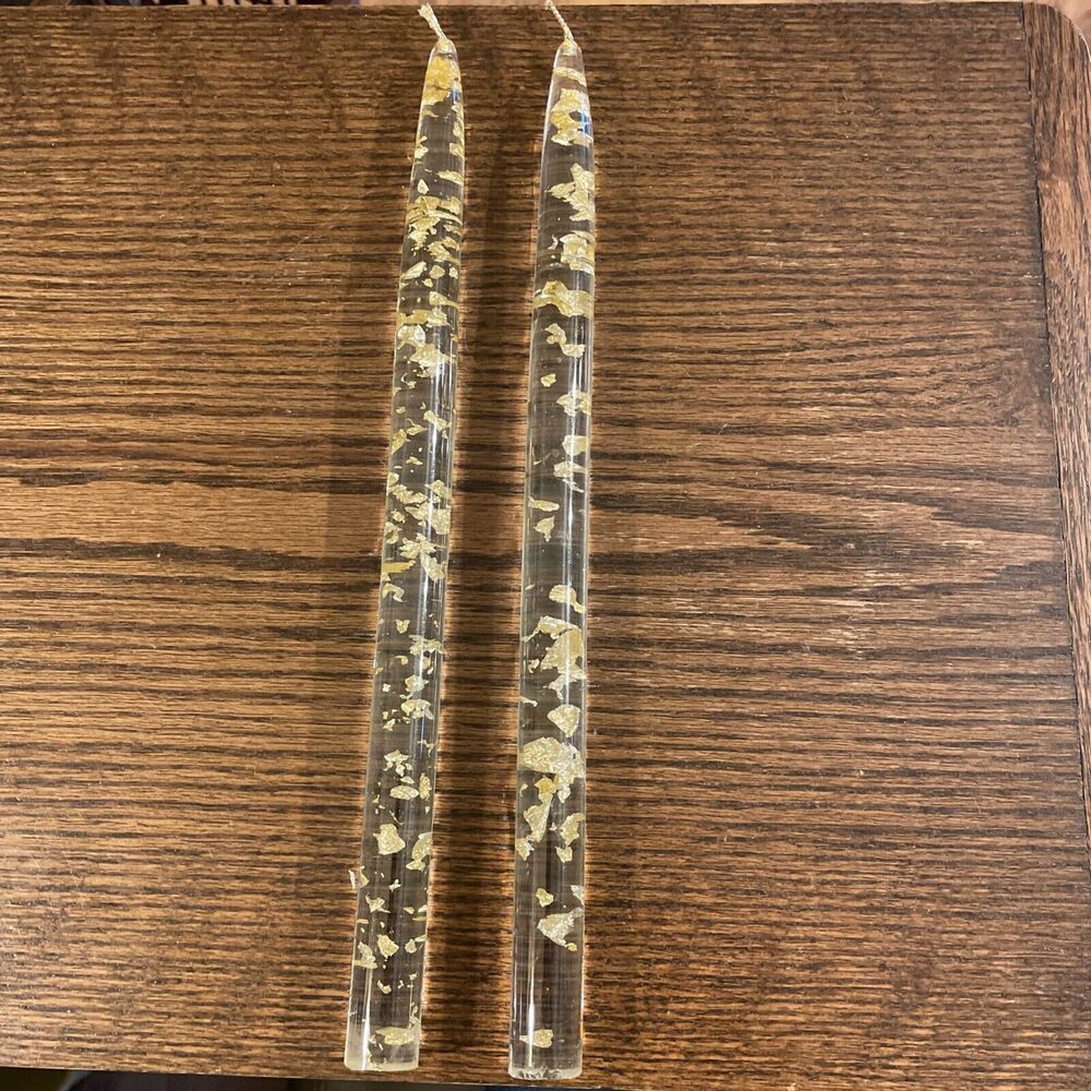 2 Vintage MCM Clear Lucite Acrylic Candles Gold Flakes 12” Pair